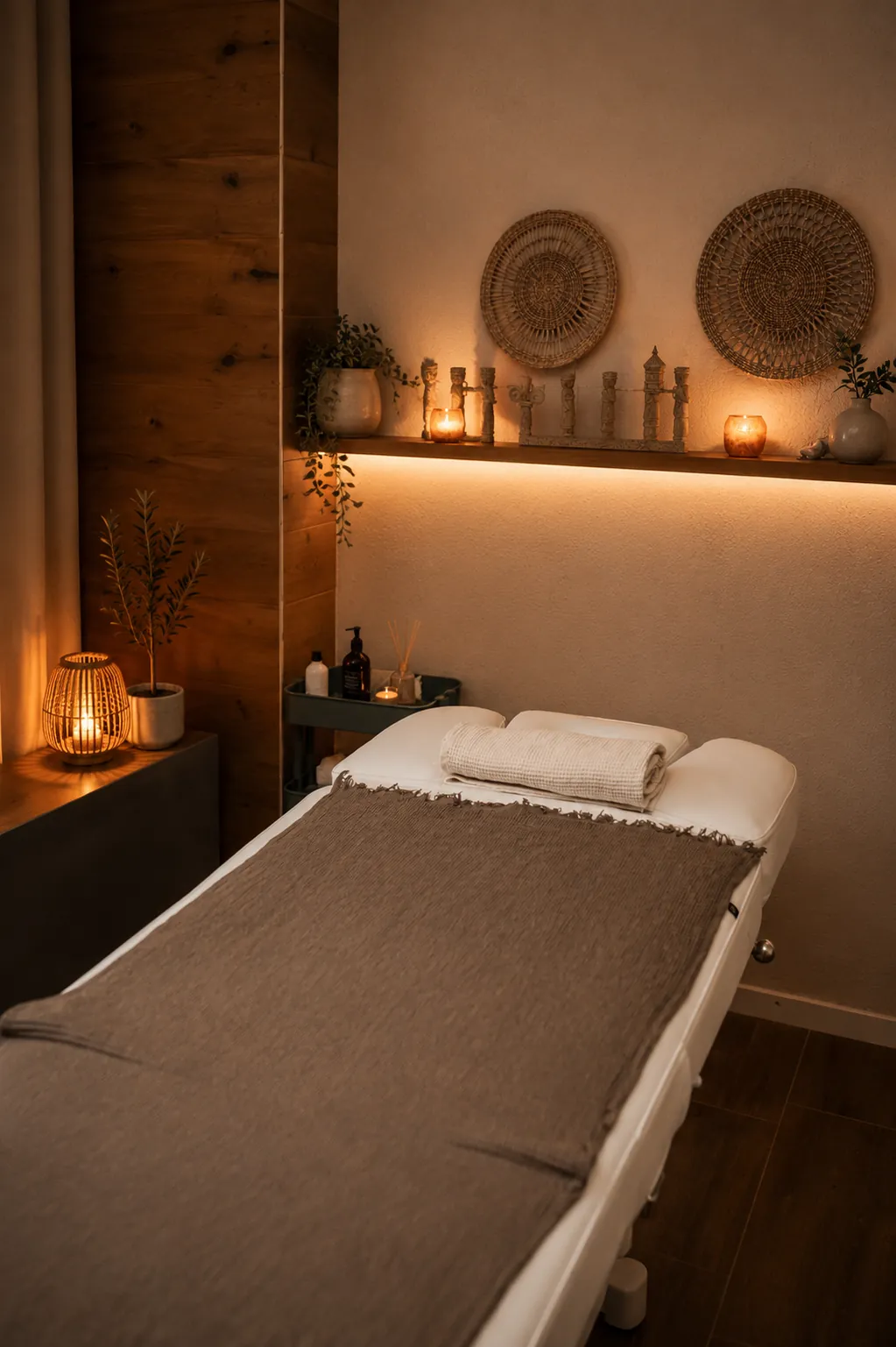 Table de massage préparée dans l’espace massage de Dune Spa, lumière tamisée