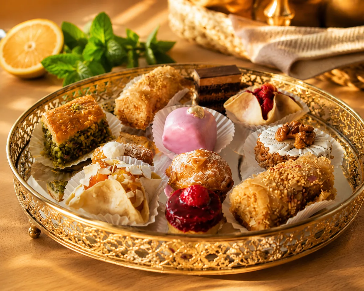 Assortiment de douceurs orientales sur un plateau doré, servies à Dune Spa