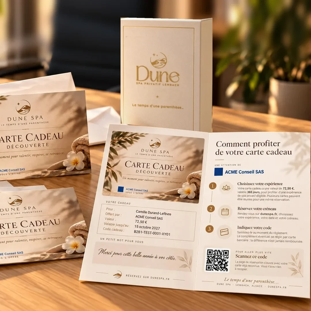 Carte Cadeau Découverte ouverte, personnalisée au logo d’une entreprise, avec le coffret Dune Spa