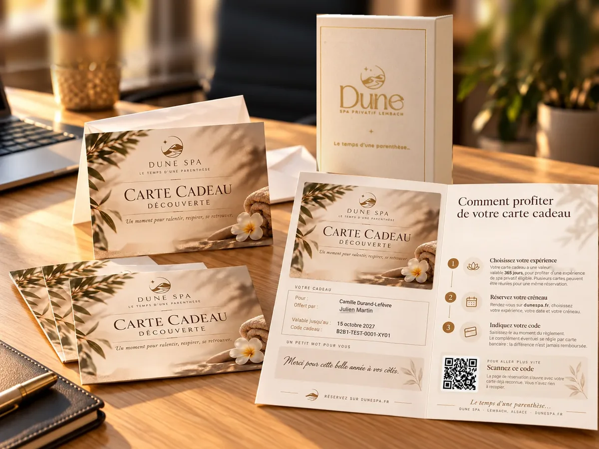 Coffret Dune Spa et carte cadeau ouverte avec son QR code pour réserver