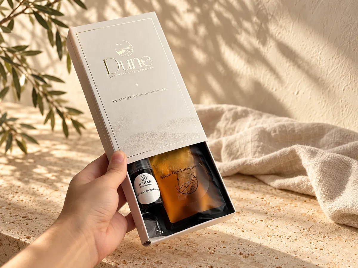 Coffret Dune Spa ouvert en main : huile d’argan parfumée NAHAR et savon noir à l’eucalyptus