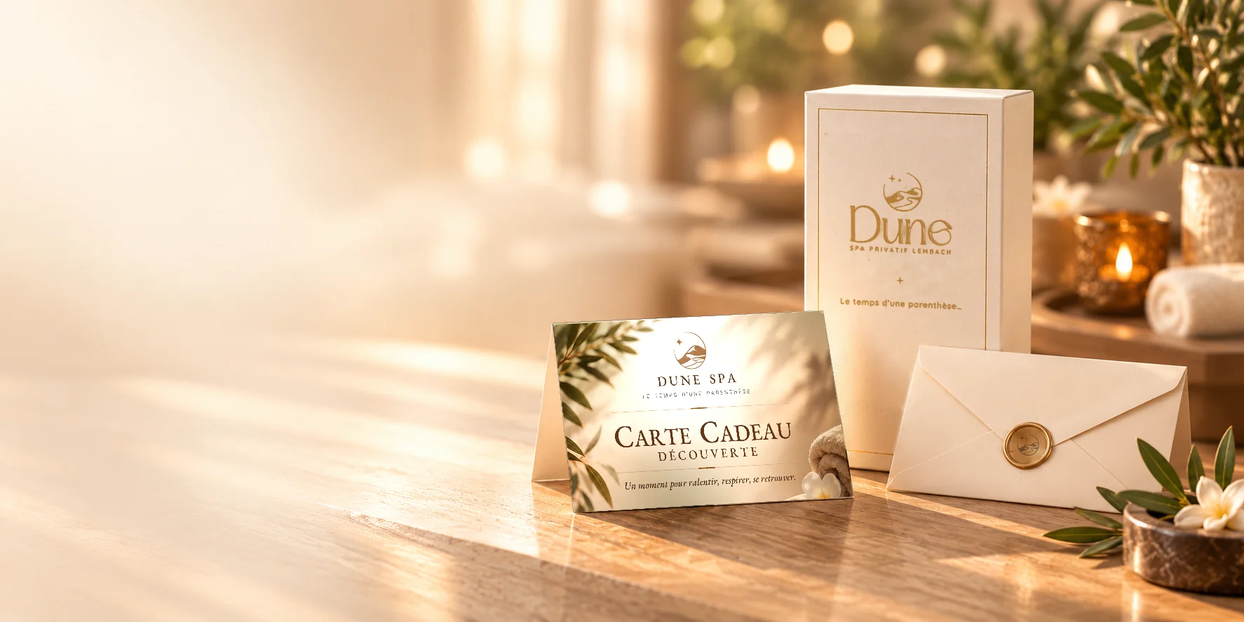 Carte cadeau spa pour entreprise : Carte Cadeau Découverte Dune Spa imprimée et pliée, son coffret et son enveloppe