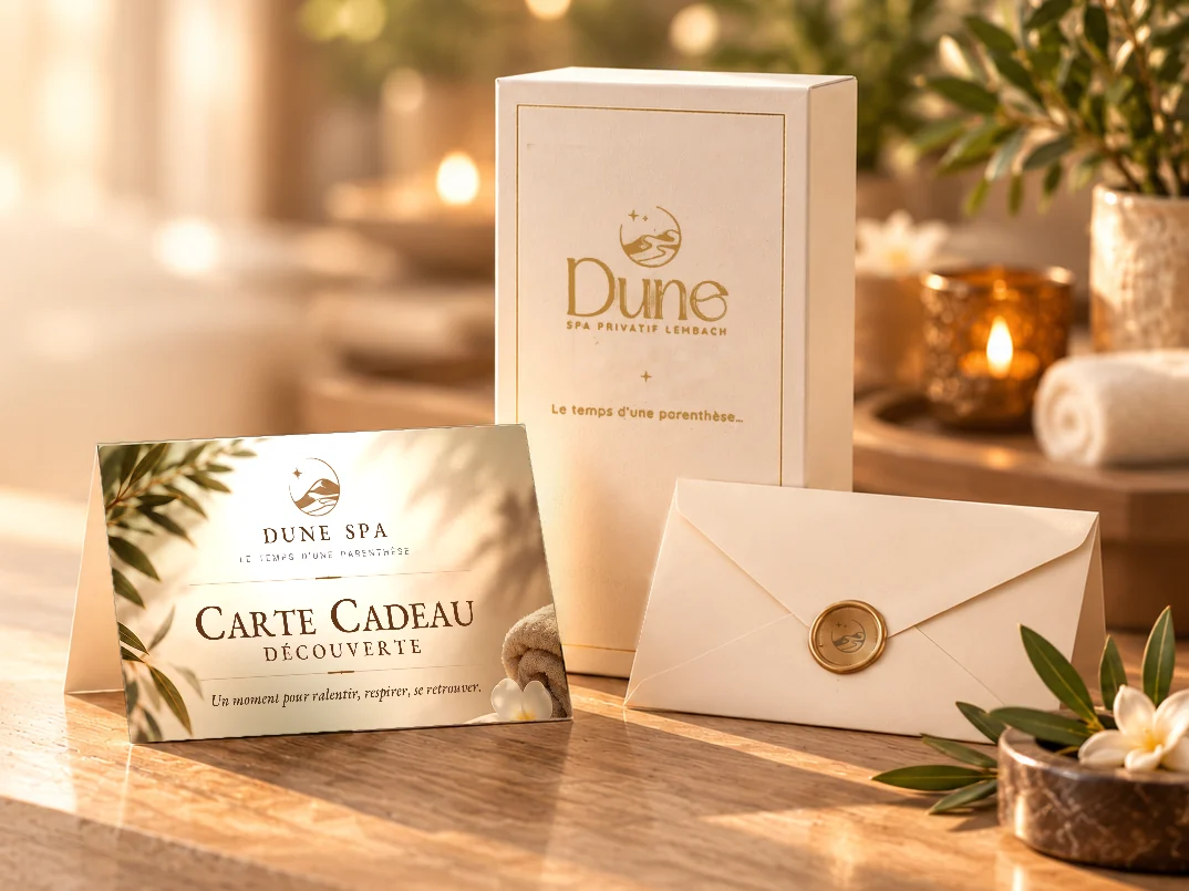 Carte Cadeau Découverte Dune Spa imprimée et pliée devant son coffret