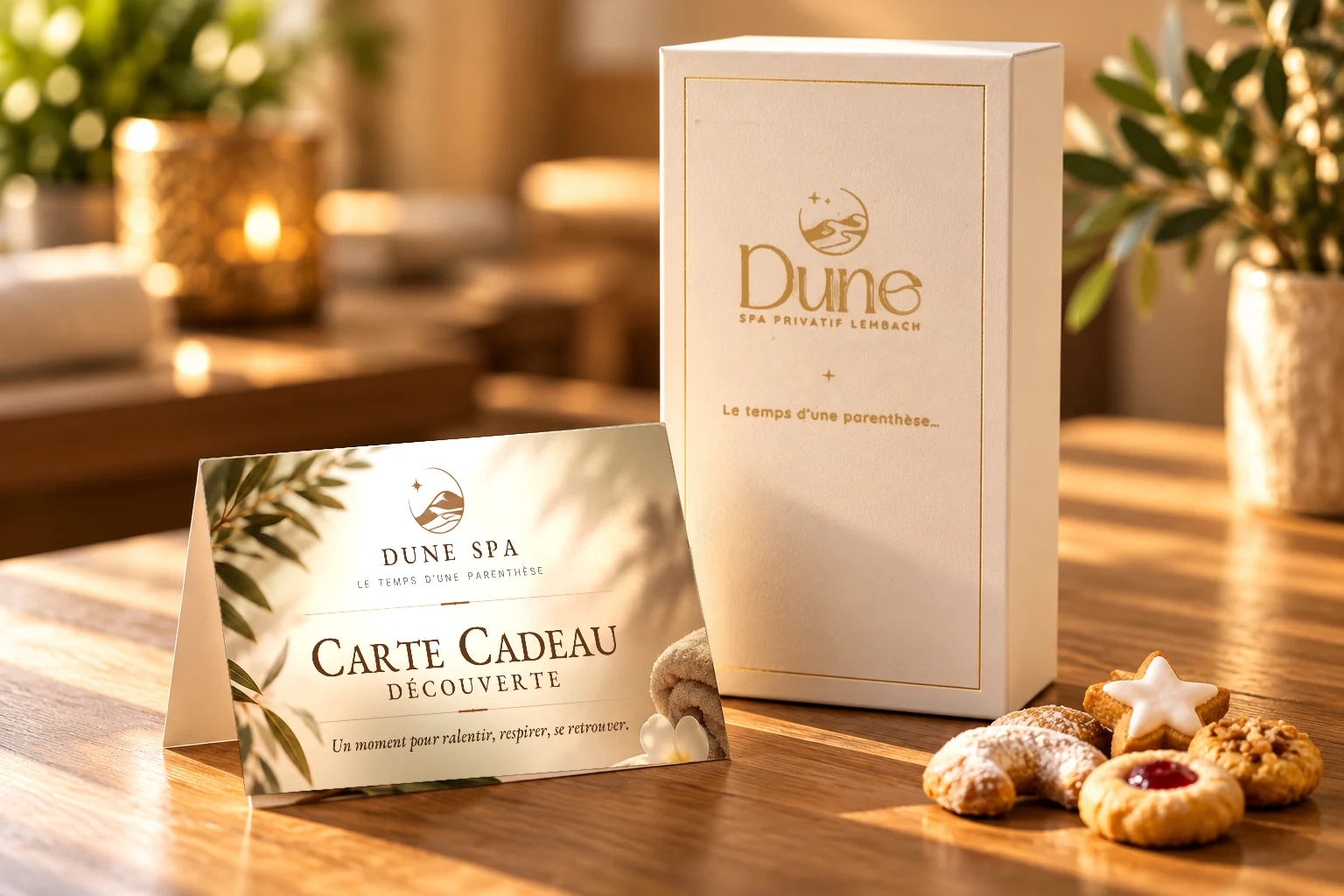 Coffret Gourmand Dune Spa : coffret, Carte Cadeau Découverte imprimée et pliée, bredele alsaciens