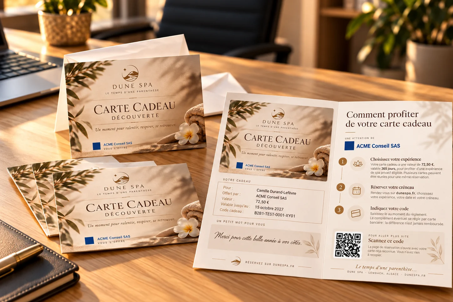 Cartes Cadeau Découverte imprimées depuis le PDF, personnalisées au nom d'une entreprise